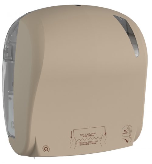 Dispenser with automatic paper towel roll cutting