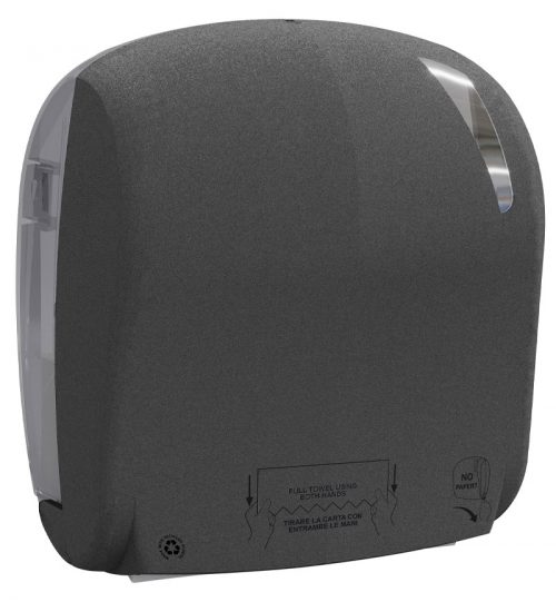 Dispenser with automatic paper towel roll cutting