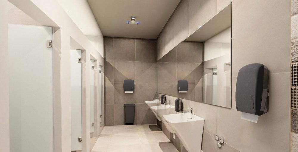 LUU, Rock dispensers for liquid soap, hand towels, and trash bins.