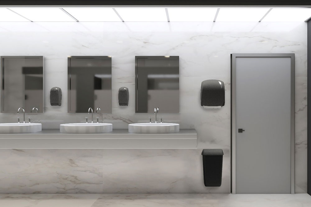 LUU, Rock liquid soap dispensers, hand towels, and a waste bin