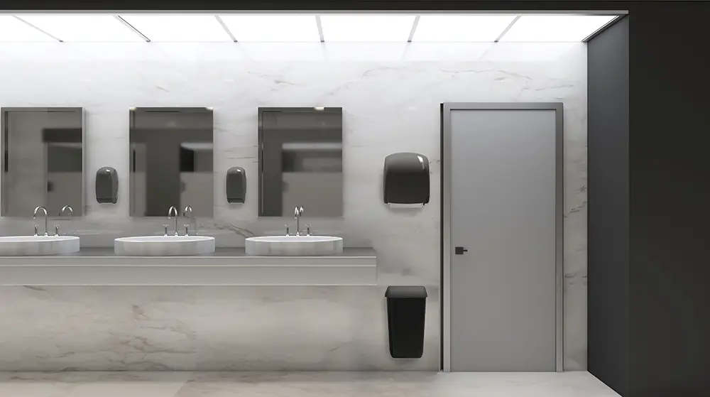 Liquid soap dispensers, paper waste bin, paper towel dispenser