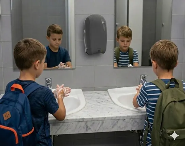 Locked dispensers in education - Luu foam soap dispensers