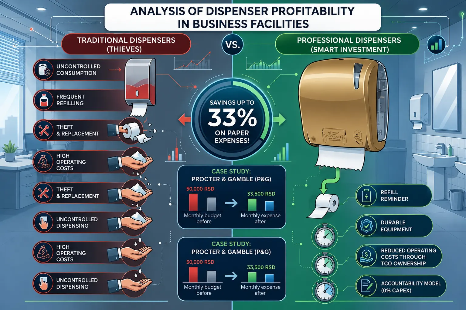 What is the dispenser cost analysis for commercial buildings? Paper towel dispensers - Soap dispensers - Luu