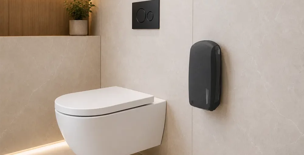 Interfold toilet paper dispenser Transparent bottom that prevents unpleasant surprises in the restroom - Toilet paper dispenser for commercial facilities - Luu