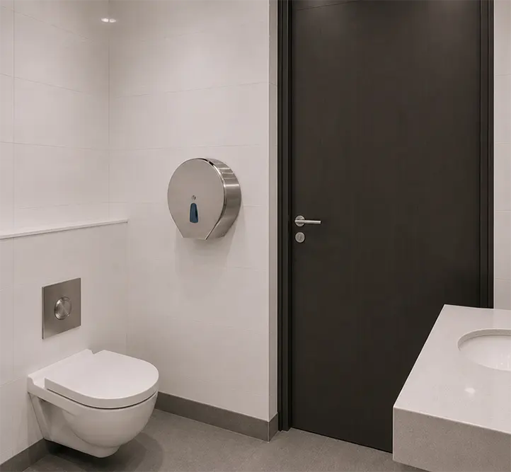 Stainless steel maxi jumbo toilet paper dispenser: durability for 24/7 facilities - A toilet paper dispenser built to withstand heavy use - Luu
