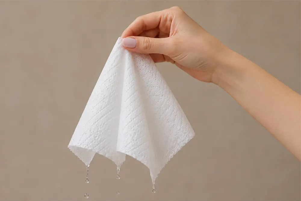 Hand lifting a wet paper towel to test its absorbency - How to choose the most absorbent paper towels - Luu