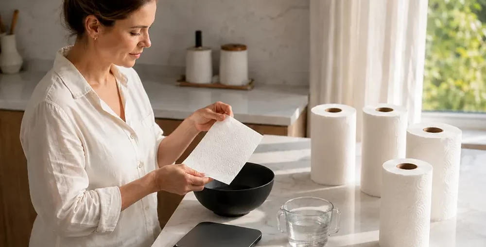Woman testing the absorbency of paper towels with a bowl of water on the table and other paper towels - How to choose the most absorbent paper towels - Luu