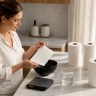 Woman testing the absorbency of paper towels with a bowl of water on the table and other paper towels - How to choose the most absorbent paper towels - Luu