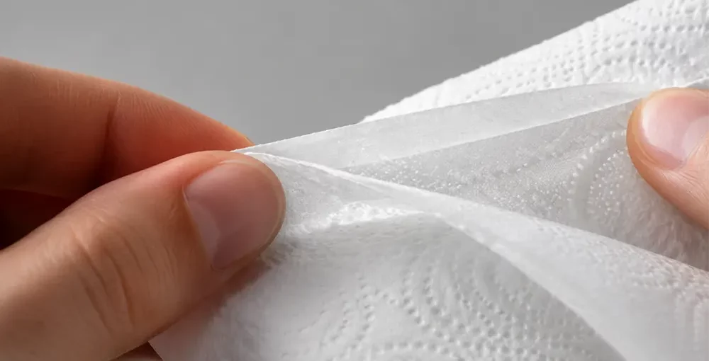 How to recognize quality toilet paper? - A hand separates the layers of white toilet paper to show the thickness and embossed texture. - Luu