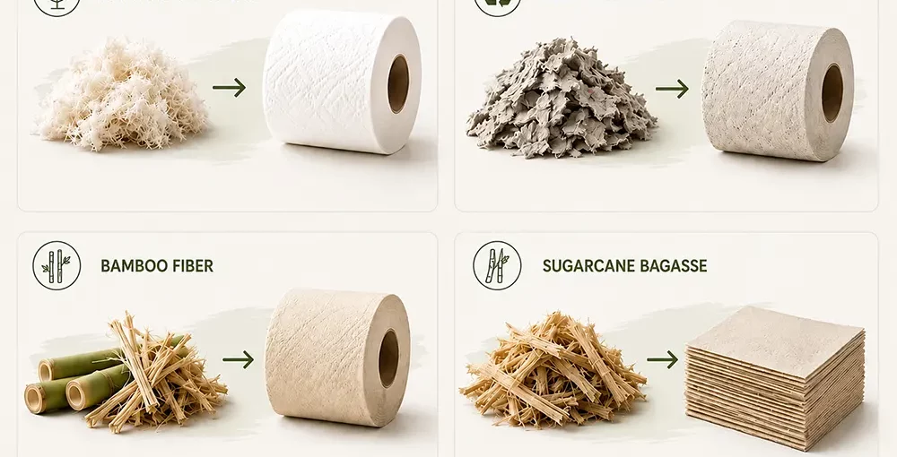 Comparison of raw materials used to manufacture tissue paper – virgin cellulose, recycled fiber, bamboo, and bagasse - What is tissue paper made of - Luu