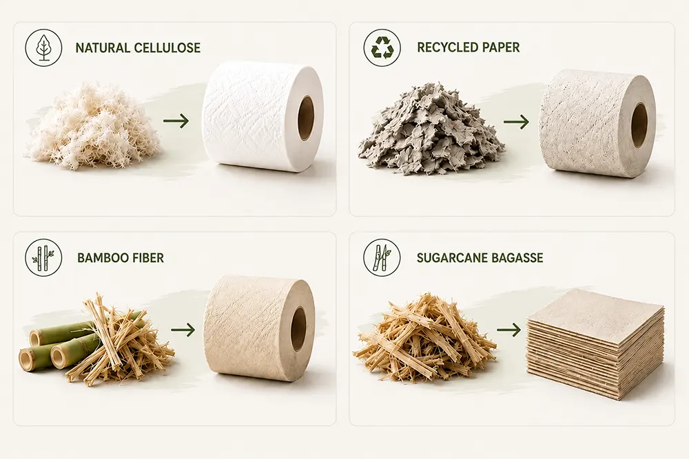 Comparison of raw materials used to manufacture tissue paper – virgin cellulose, recycled fiber, bamboo, and bagasse - What is tissue paper made of - Luu