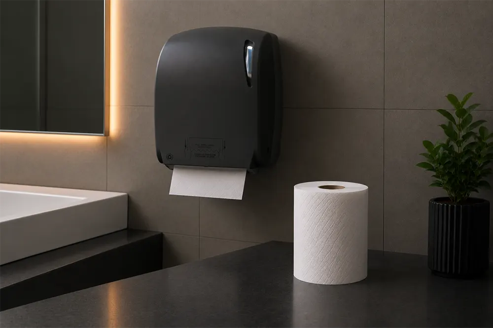 Where to buy paper products online - Black autocut dispenser and autocut paper towels - Luu