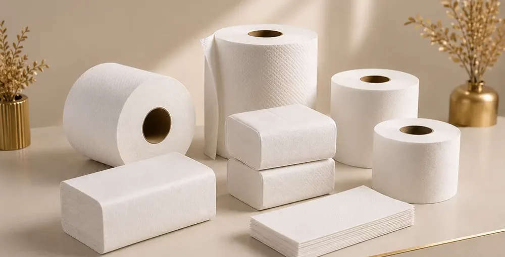 Professional paper products: Toilet paper rolls, paper towels on a beige background - Where to buy paper products online - Luu