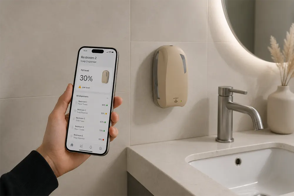 Aplikacija za praćenje nivoa zaliha na dispenzeru sapuna u realnom vremenu - Kako AI i IoT menjaju upravljanje papirnom galanterijom - Luu