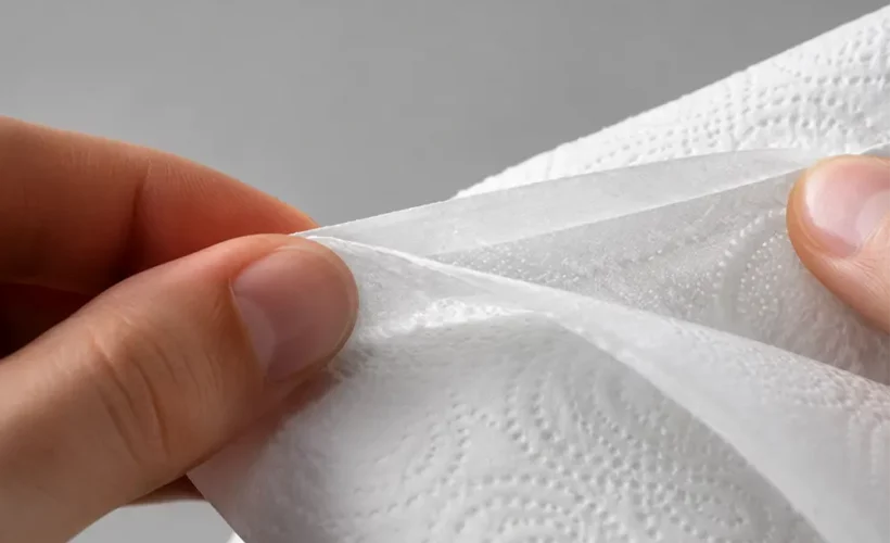 Kako prepoznati kvalitetan toalet papir? - Ruka razdvaja slojeve belog toalet papira kako bi se prikazala debljina i embosirana tekstura. - Luu
