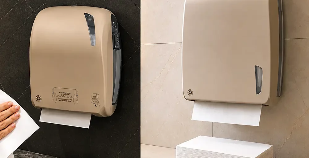 Autocut dispenzer i ruka koja koristi autocut ubrus vs dispenzer za složive ubruse i ubrusi - Složivi ili autocut ubrusi - Luu