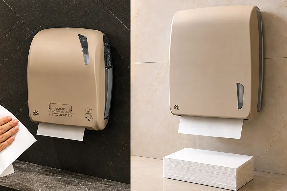Autocut dispenzer i ruka koja koristi autocut ubrus vs dispenzer za složive ubruse i ubrusi - Složivi ili autocut ubrusi - Luu